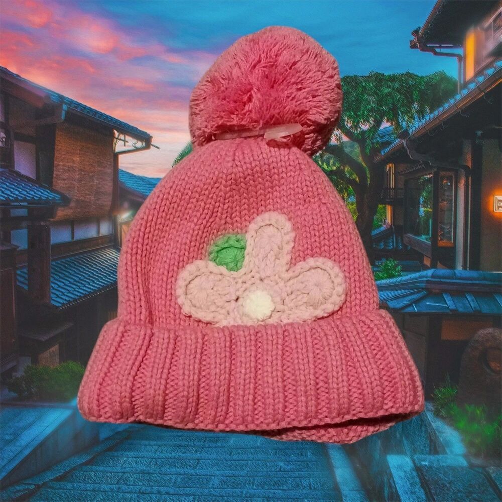 The Children's Place Baby Girl Pink Knit Pom Pom Beanie Hat 6-12 Months Flower